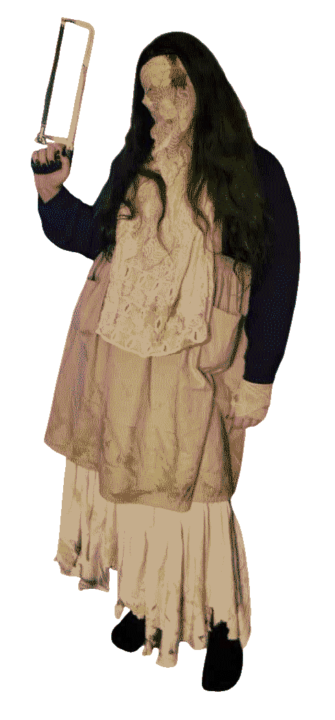 Woman wearing a tattered beige skirt and navy blouse. Bloodstained lace veils her face. She is holding a hacksaw in one hand